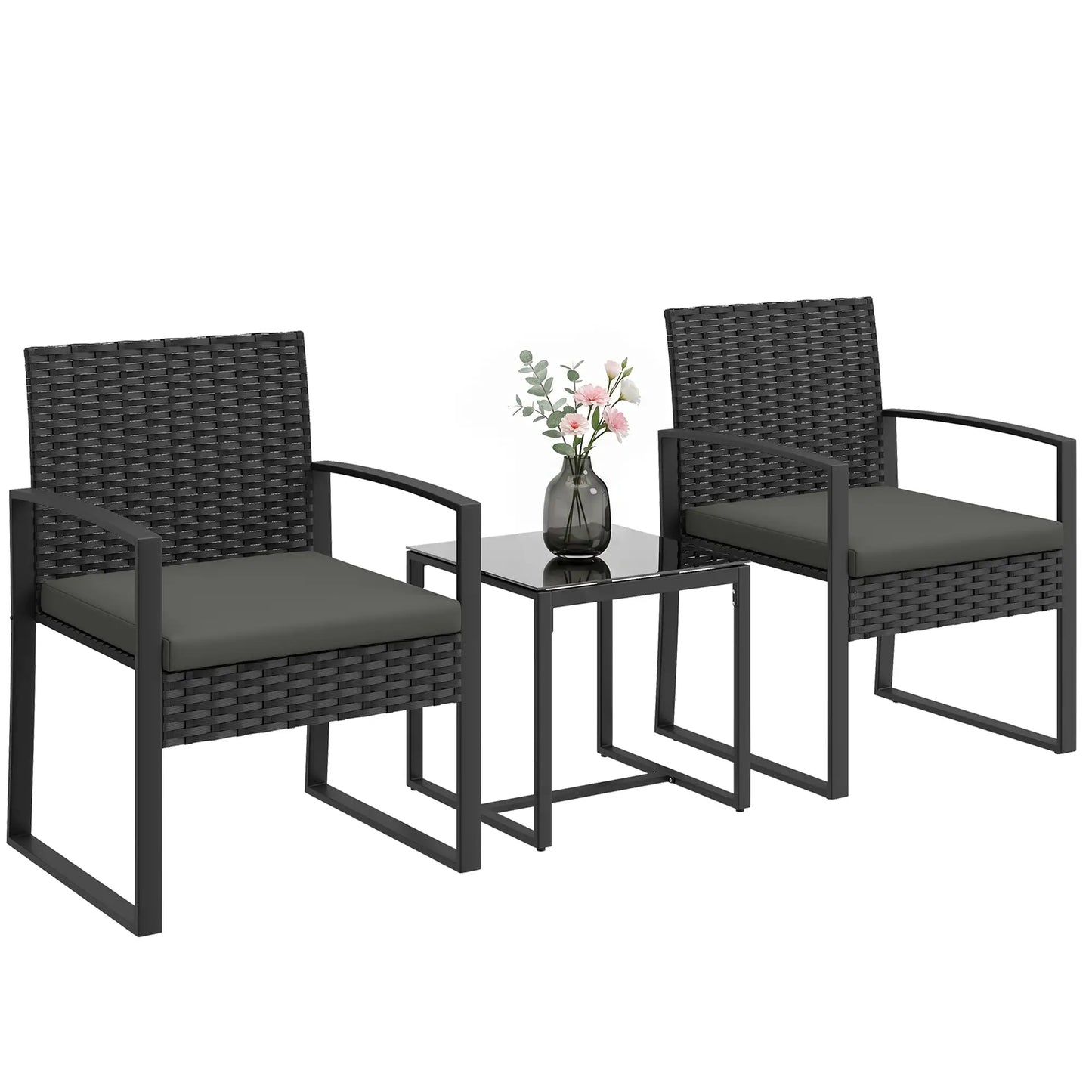 3 Piece Wicker Patio Set, Glass Top Table With Cushions, Dark Grey Bistro Sets at Gallery Canada