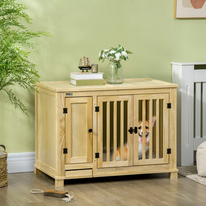 Wooden Dog Crate Furniture with Drawer Bowl Storage, Dog Kennel End Table with Cushion for Small Dogs Indoor Use, Natural at Gallery Canada