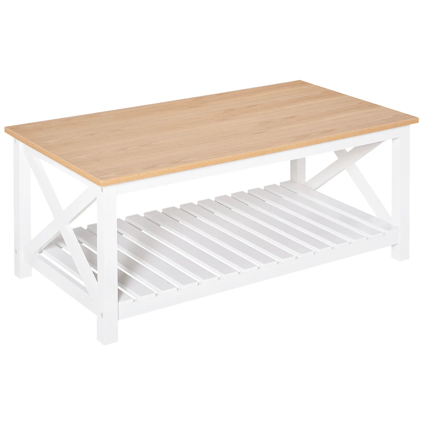 Farmhouse Coffee Table, Slatted Shelf, X Bar Frame, Natural, White Coffee Tables at Gallery Canada