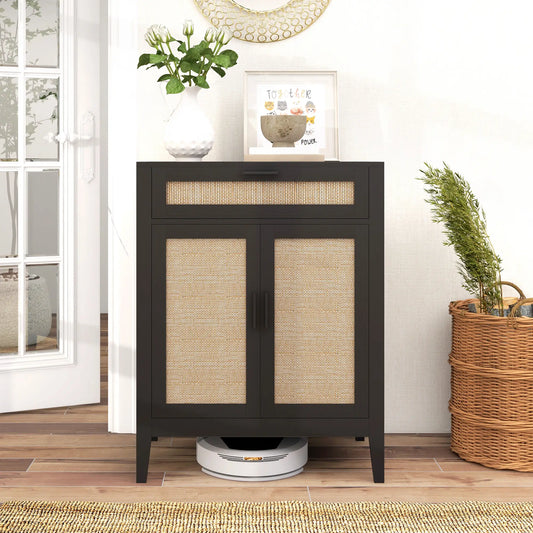 Boho Kitchen Sideboard, 2 Rattan Doors, Drawer, Black Storage Cabinets Black, Nature Wood at Gallery Canada
