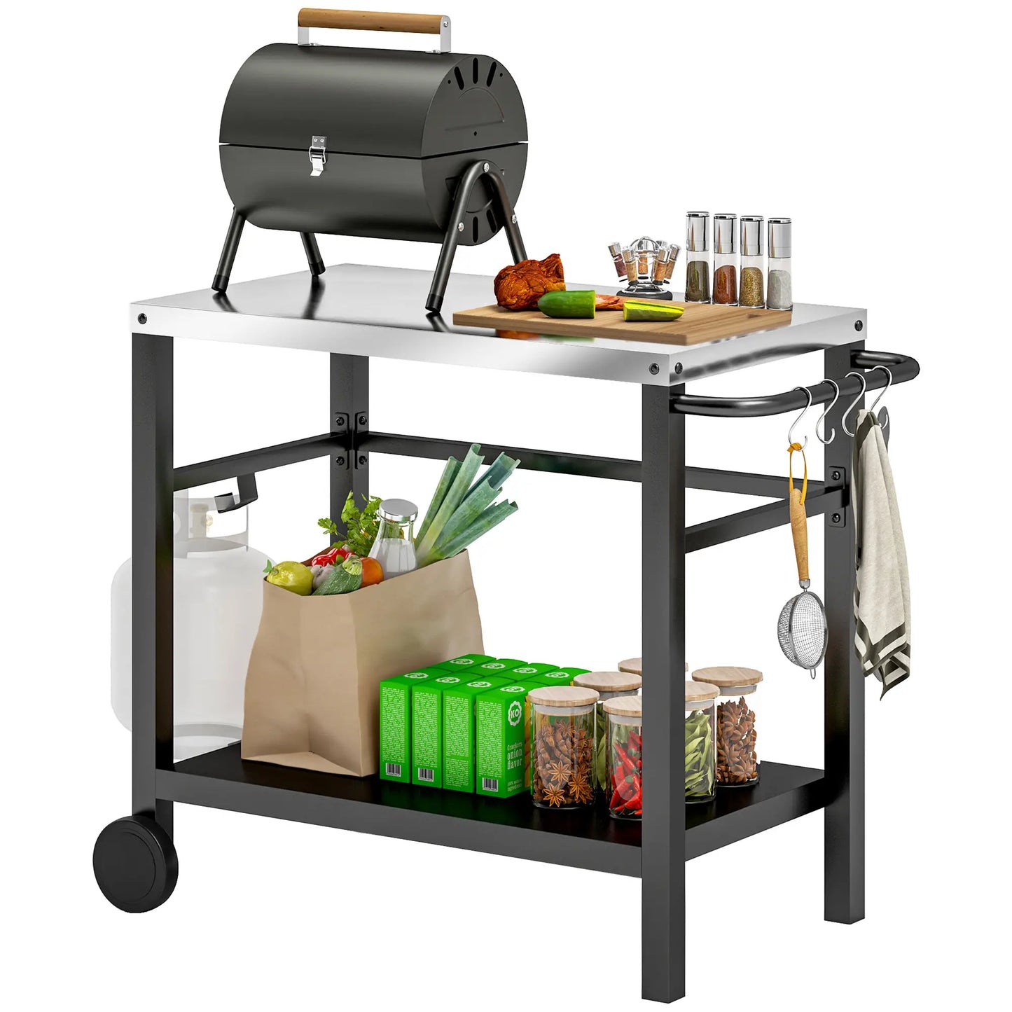 Outdoor Grill Cart, Stainless Steel Tabletop, 2-Shelf, Charcoal Grey Outdoor Grill Carts at Gallery Canada