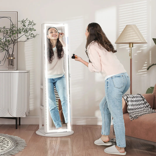 360° Swivel Jewelry Cabinet, Full Length Mirror, Lockable, LED Lights, White Jewelry Armoire & Jewellery Mirror Cabinets White at Gallery Canada