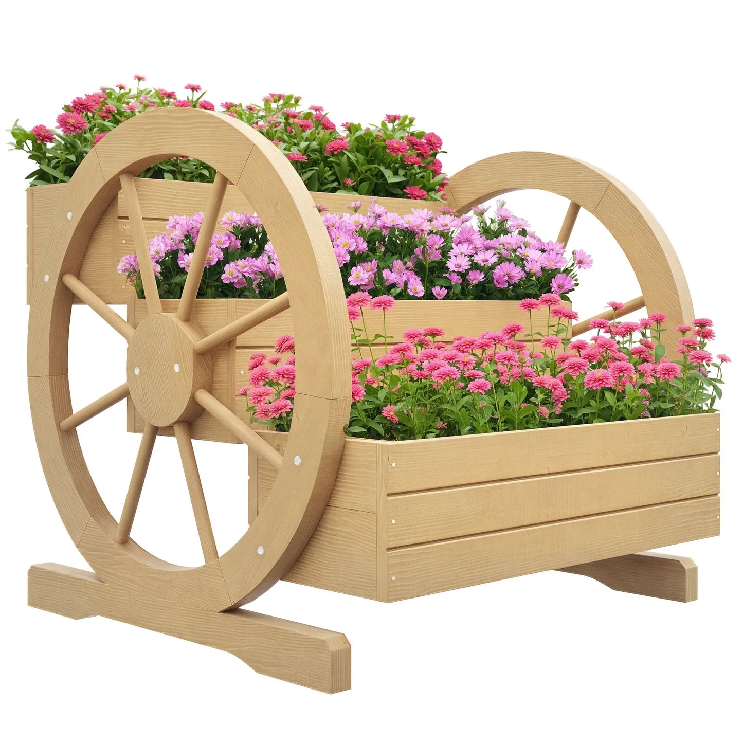 Wooden Wagon Planter Box, 3-Tier Raised Garden Bed, 24" x 24" x 22", Natural