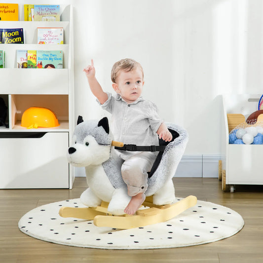 Cheval à bascule pour enfants, Peluche Husky à chevaucher, Base en bois, Ceinture de sécurité, 18-36 mois, Gris