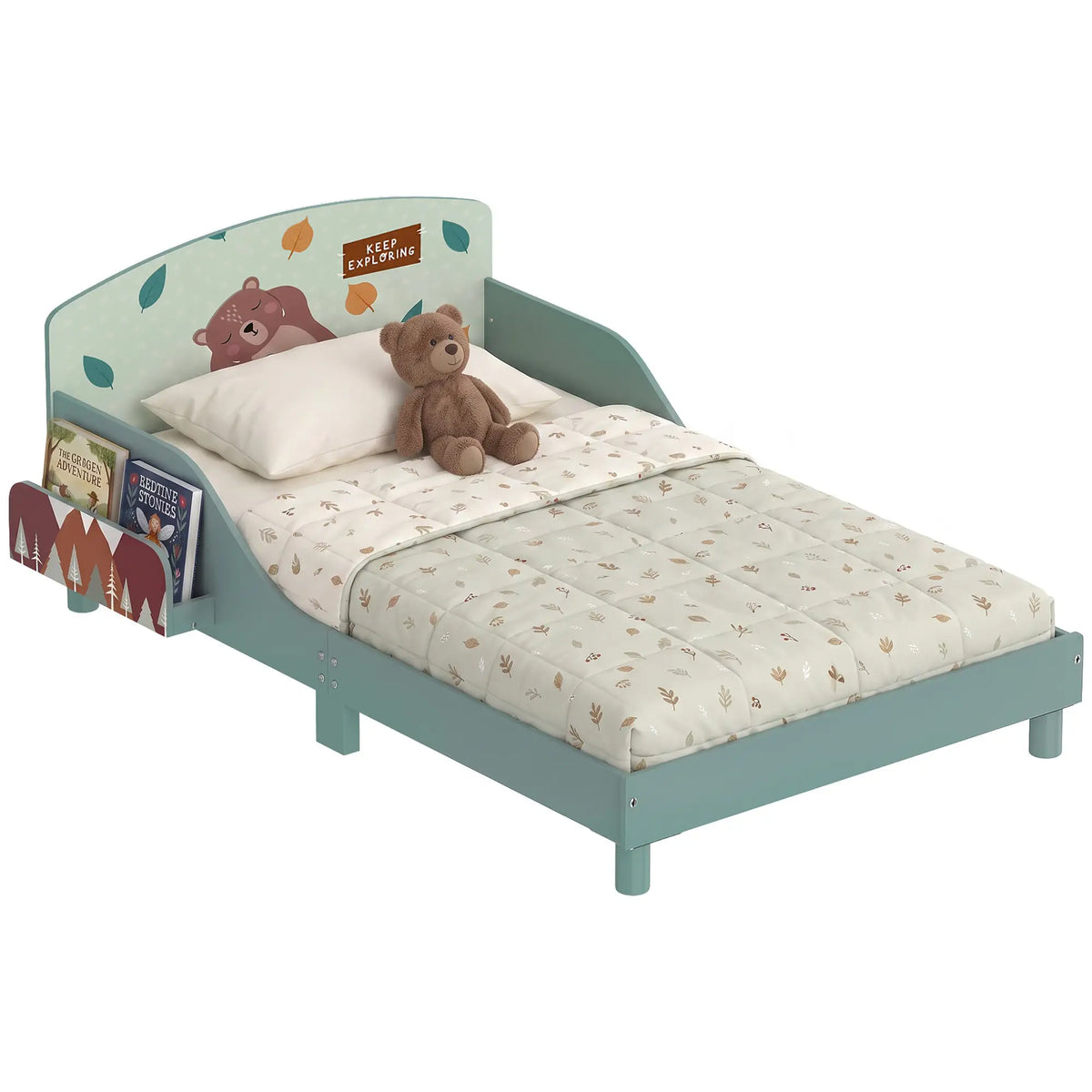 Toddler Bed with Storage, Guard Rails, 132x70x10cm, Green Bear Print Kids Bedroom Furniture at Gallery Canada
