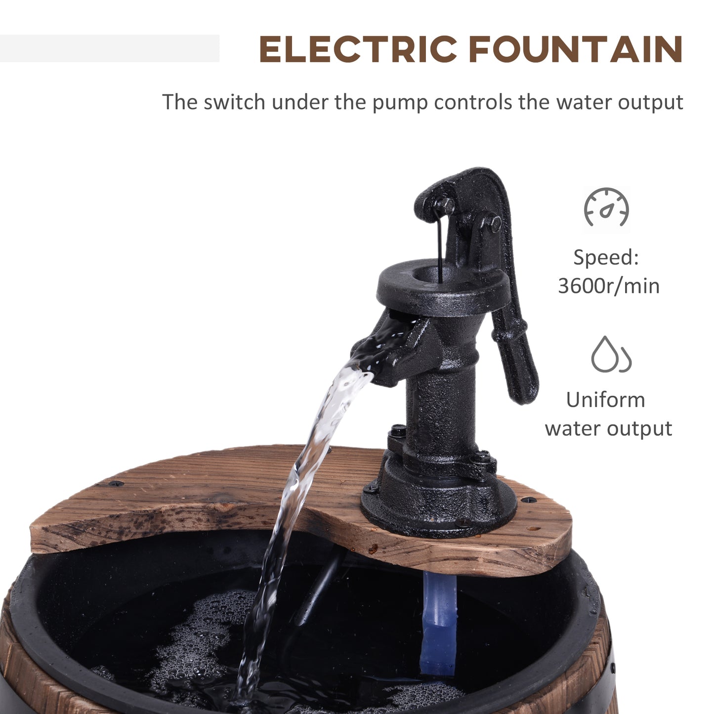 Wooden Outdoor Fountain, Electrical Barrel Waterfall with 3600r/min Speed Pump for Patio, Backyard, Carbonized at Gallery Canada