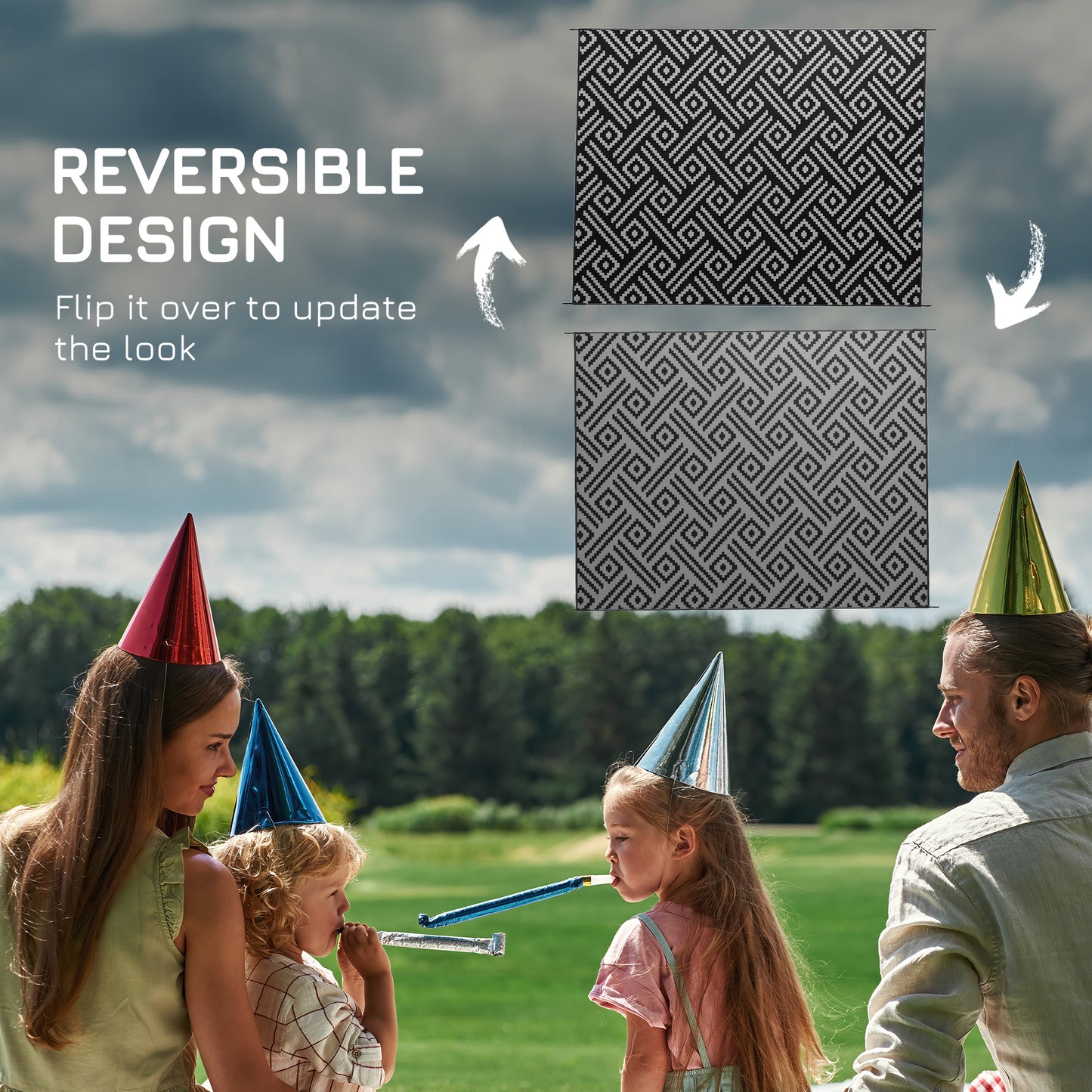 Reversible Outdoor Rug Waterproof Plastic Straw RV Rug with Carry Bag, 9' x 12', Black and Grey Geometric at Gallery Canada