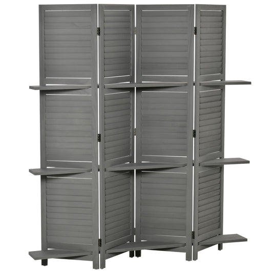 4-Panel Wall Partition Room Separator with 3 Storage Shelves Foldable Design Wooden Frame 5.6FT Grey - Gallery Canada