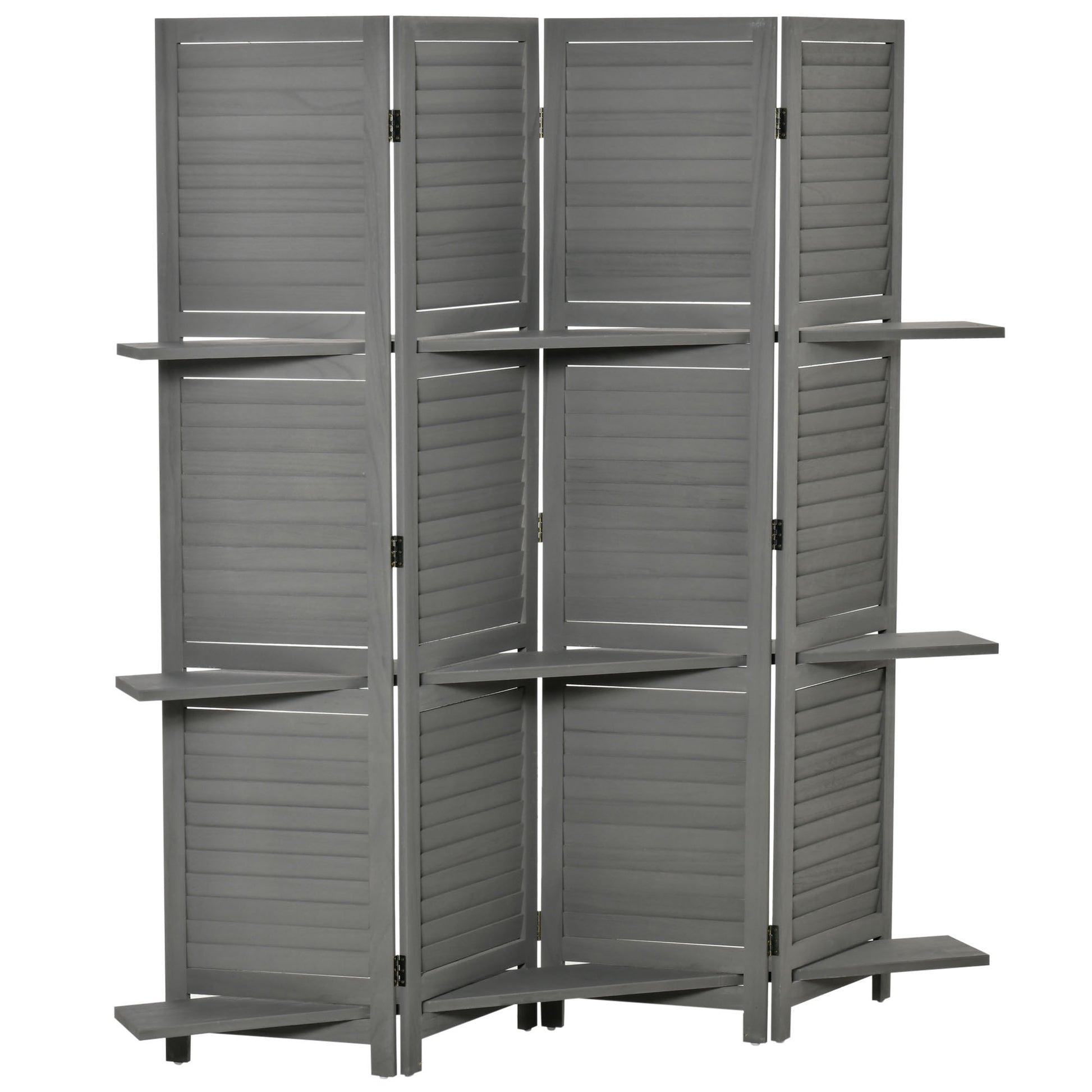 4-Panel Wall Partition Room Separator with 3 Storage Shelves Foldable Design Wooden Frame 5.6FT Grey at Gallery Canada