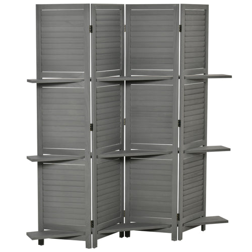 4-Panel Wall Partition Room Separator with 3 Storage Shelves Foldable Design Wooden Frame 5.6FT Grey