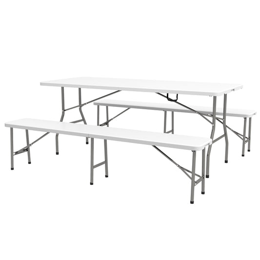 72" Folding Picnic Table Set, 2 Benches, 3-Piece Outdoor HDPE German Style Biergarten Foldable Beer Table for 6, White - Gallery Canada