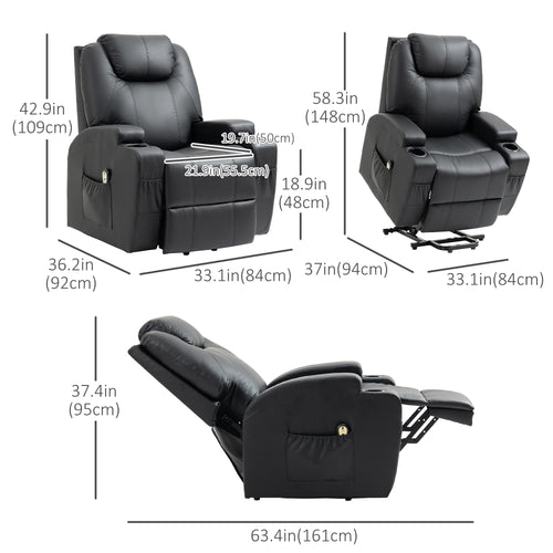 Power Lift Chair for Elderly, PU Leather Recliner Sofa Chair with Footrest, Remote Control, Side Pockets and Cup Holders, Black