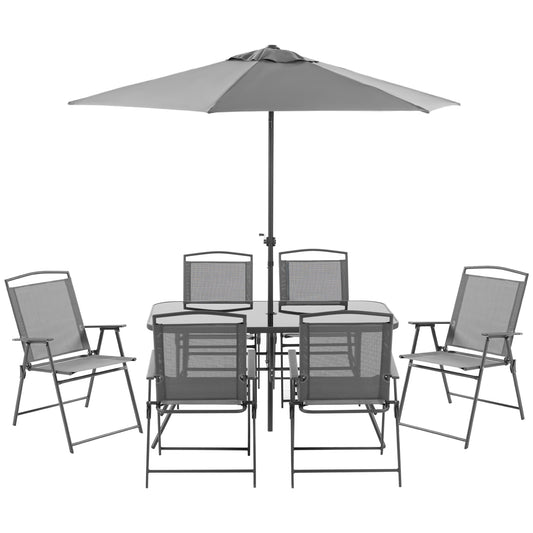 8 Piece Patio Dining Set with Table Umbrella, 6 Folding Chairs and Rectangle Dining Table, Outdoor Patio Furniture Set, Grey at Gallery Canada