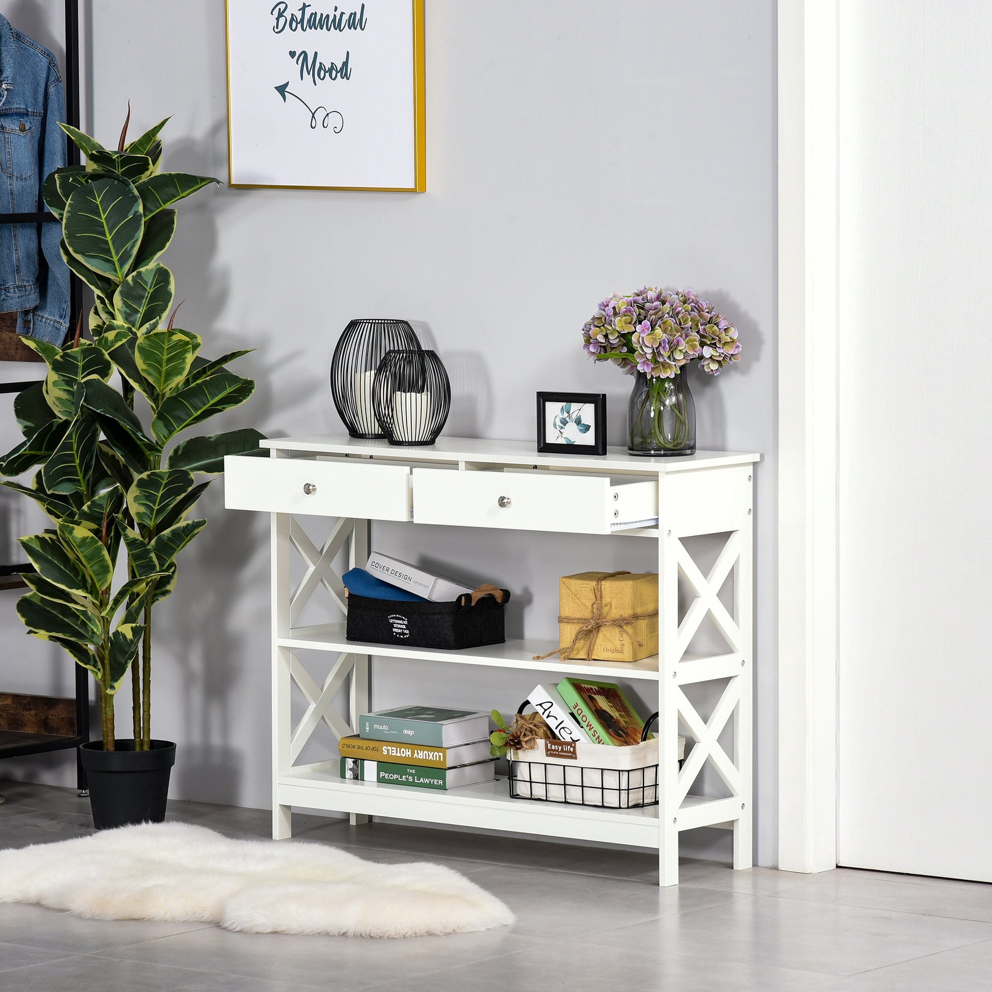 Console Table Sofa Side Desk with Storage Shelves Drawers X Frame for Living Room Entryway White at Gallery Canada