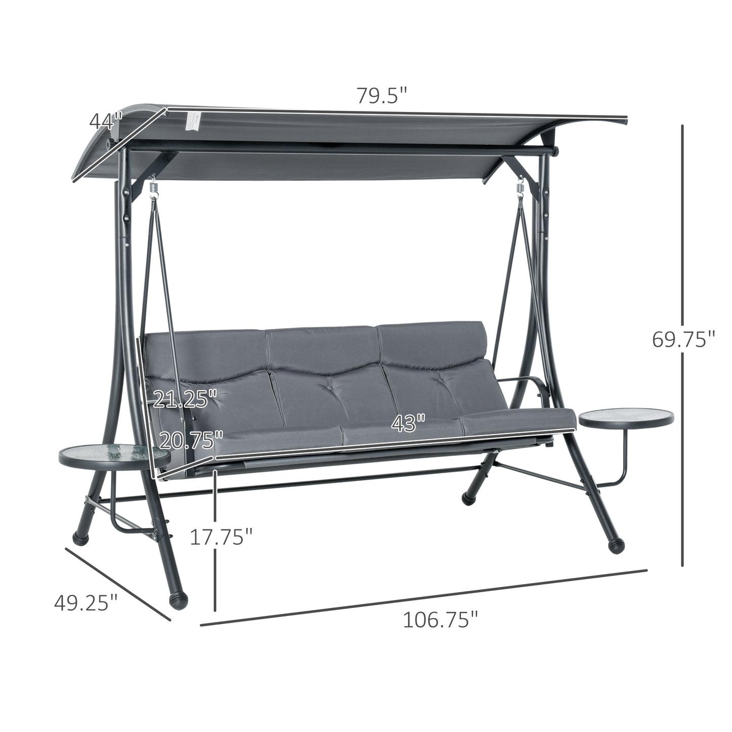 3 Seat Outdoor Swing Chair Steel Swing Bench Porch Swing With Adjustable Canopy, Coffee Tables and Cushion for Patio Garden, Dark Grey at Gallery Canada