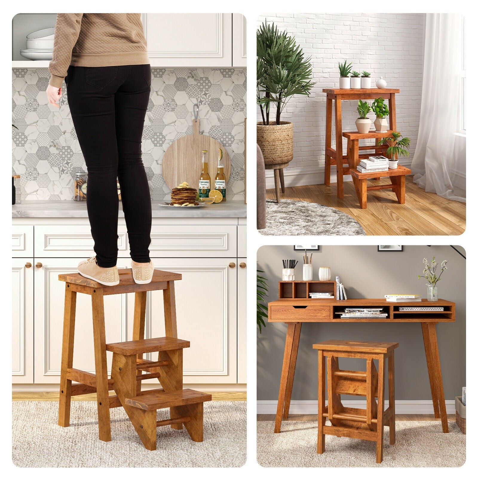 3-in-1 Rubber Wood Step Stool with Convenient Handle - Gallery Canada