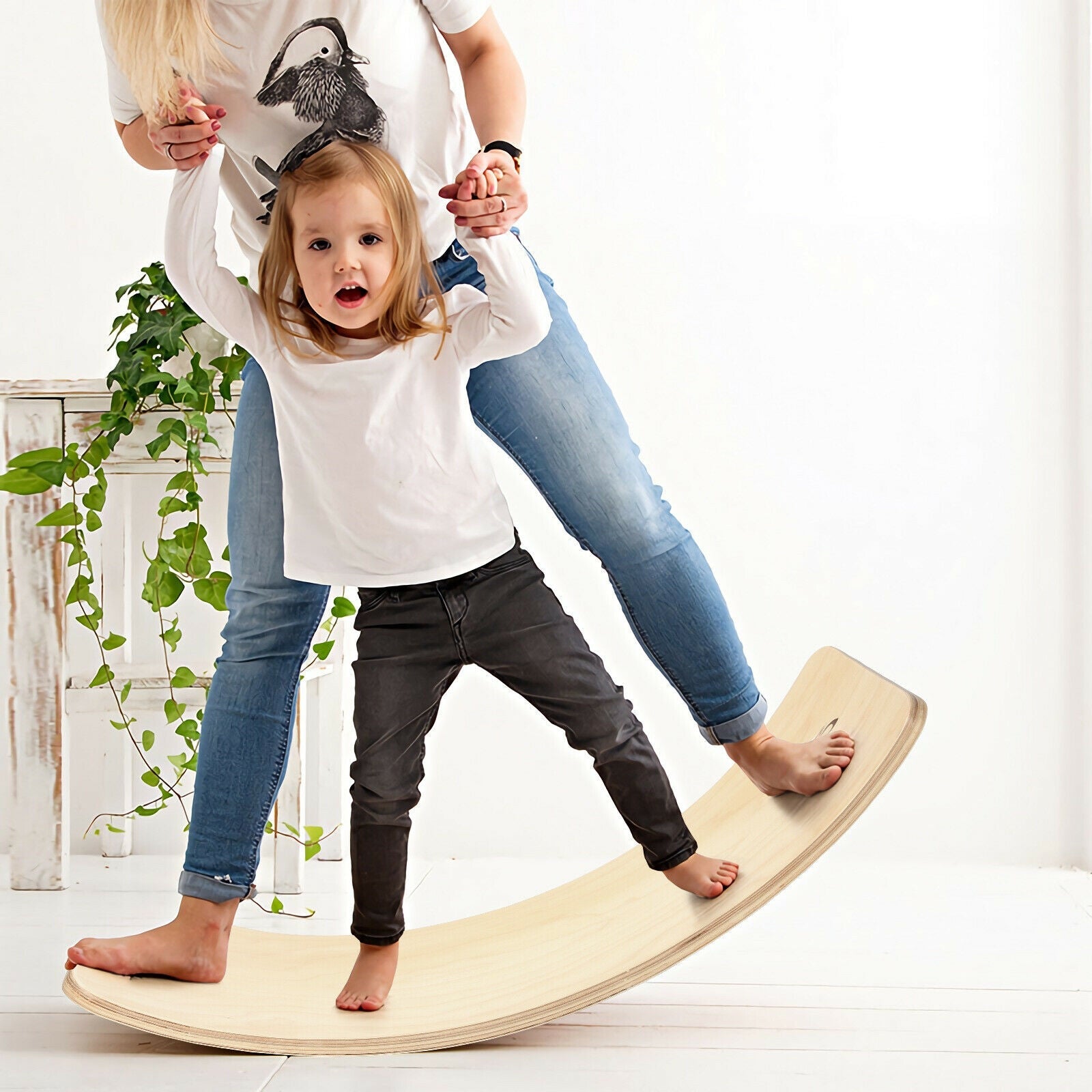 35 Inch Wooden Wobble Balance Board Kids Rocker Yoga Curvy Board Toy with Felt Layer - Gallery Canada