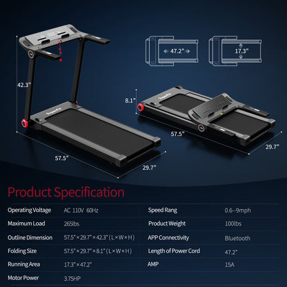 3.75HP Folding Treadmill Electric Running Machine with Bluetooth APP Self-standing - Gallery Canada