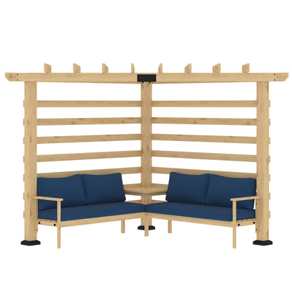 9' x 9' Corner Pergola with Conversation Set and Cushions, Fir Wood Outdoor Pergola with End Table, Natural and Blue at Gallery Canada