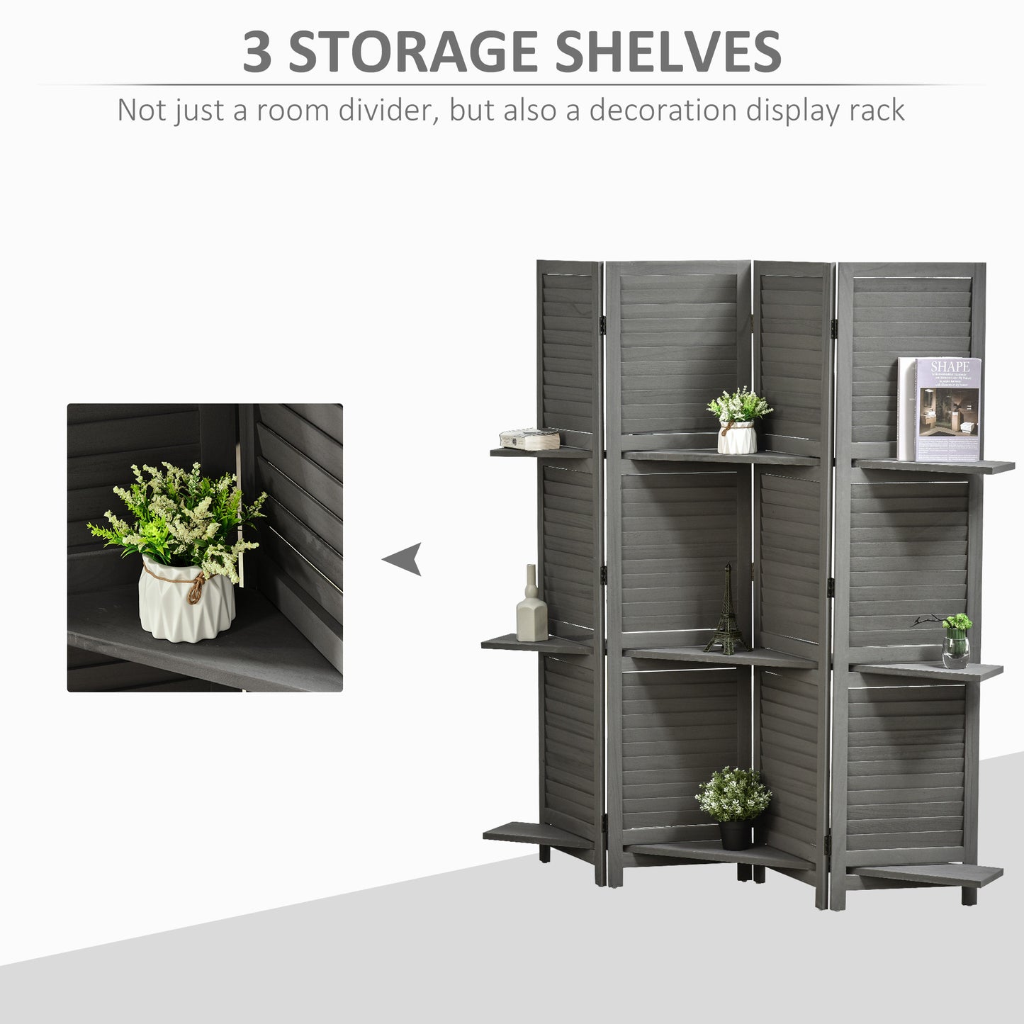 4-Panel Wall Partition Room Separator with 3 Storage Shelves Foldable Design Wooden Frame 5.6FT Grey at Gallery Canada