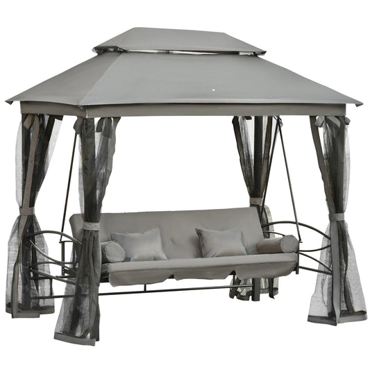 3 Person Outdoor Patio Daybed 3 in 1 Canopy Gazebo Swing Chair Garden Hammock with Mesh Mosquito Net and Sun Shade, Grey - Gallery Canada