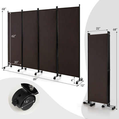 4-Panel Folding Room Divider Privacy Screen with Lockable Wheels - Gallery Canada