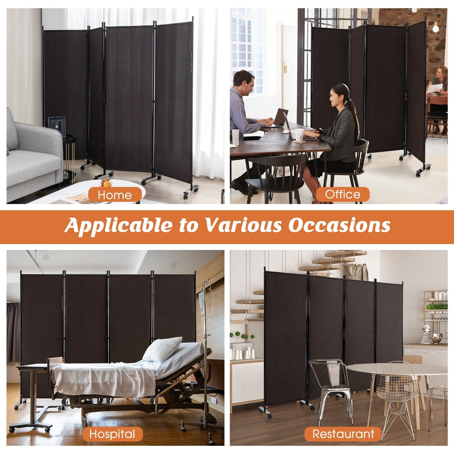 4-Panel Folding Room Divider Privacy Screen with Lockable Wheels - Gallery Canada