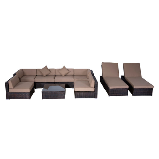 9 Pieces Wicker Patio Furniture Set with Cushion, PE Rattan Outdoor Conversation Set Sectional Sofa Set with 2 Loungers and Glass Tabletop, Aluminum Frame, Brown &; Beige - Gallery Canada