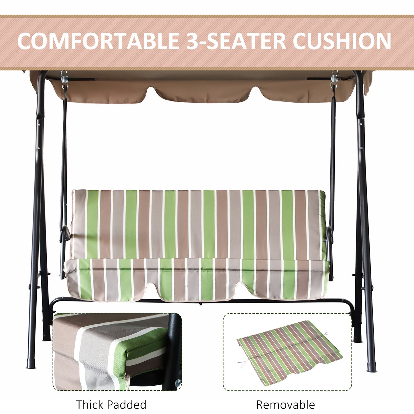 3-Seat Patio Swing Chair, Outdoor Porch Swing Glider with Adjustable Canopy, Removable Cushion, and Weather Resistant Steel Frame, for Garden, Poolside, Green Stripes at Gallery Canada