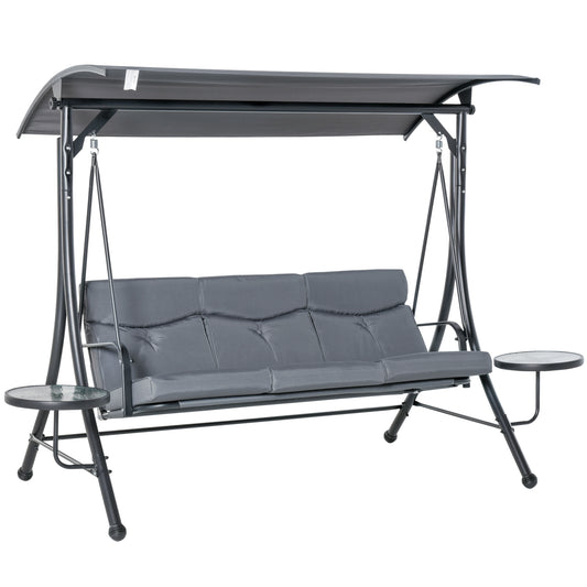 3 Seat Outdoor Swing Chair Steel Swing Bench Porch Swing With Adjustable Canopy, Coffee Tables and Cushion for Patio Garden, Dark Grey - Gallery Canada