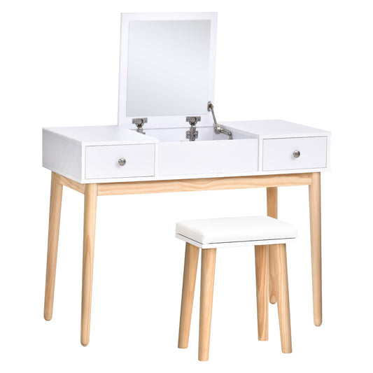 Dressing Table Set with Flip Top Mirror and Cushioned Stool, Makeup Vanity Dressing Table Writing Desk with 2 Drawers and Storage Grids for Bedroom, White - Gallery Canada