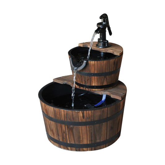 2-Tier Wooden Barrel Water Fountain with Electric Pump Cascading Feature Outdoor Indoor Decoration - Gallery Canada