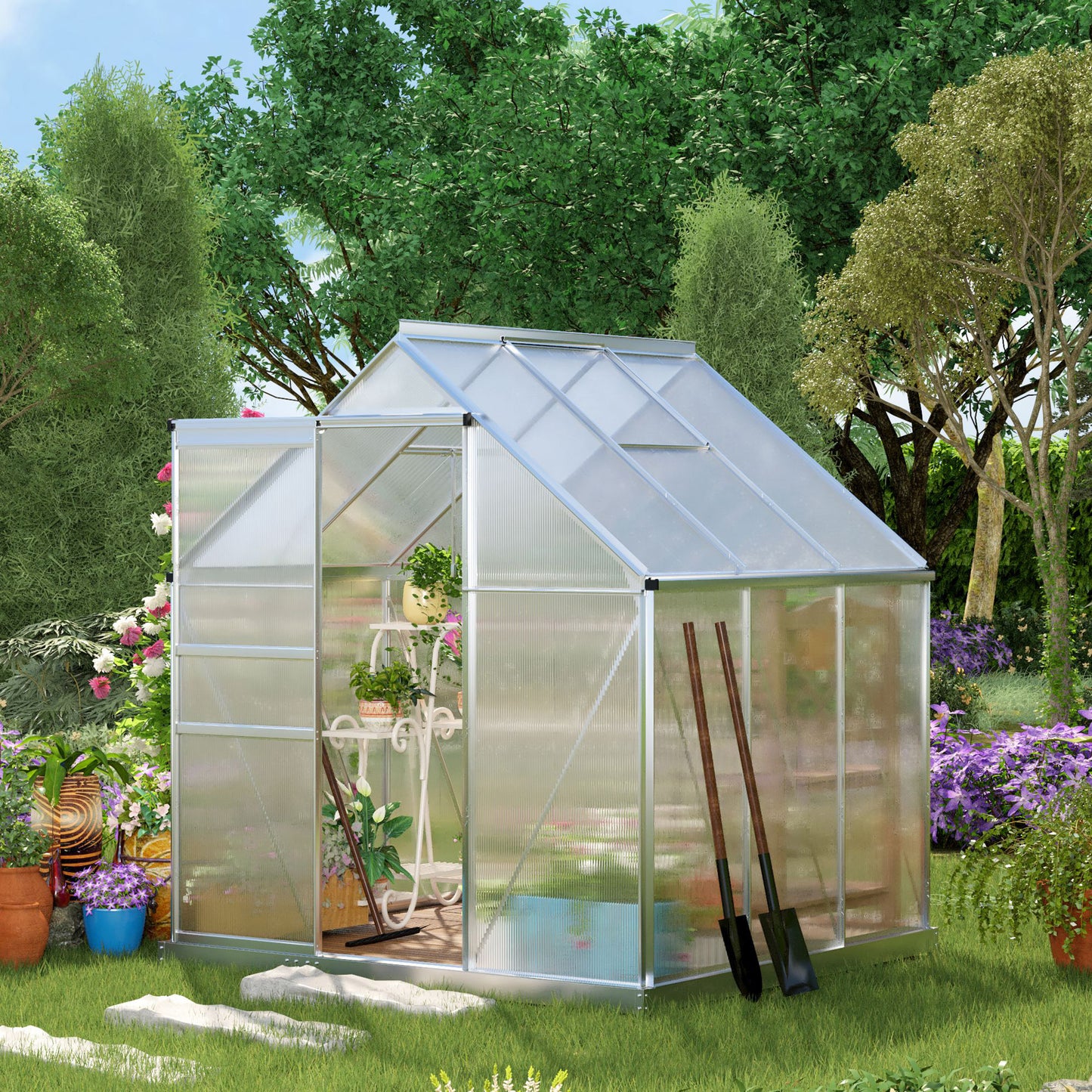 6' x 6' x 6.5' Polycarbonate Greenhouse, Walk-in Green House with Adjustable Roof Vent, Galvanized Base, Sliding Door and Rain Gutter for Outdoor, Garden, Backyard, Clear at Gallery Canada