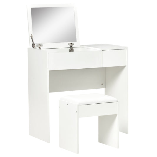 Vanity Table Set with Flip Top Mirror and Cushioned Stool, Makeup Table Dresser Desk with Drawer and Storage Grids for Bedroom, White - Gallery Canada