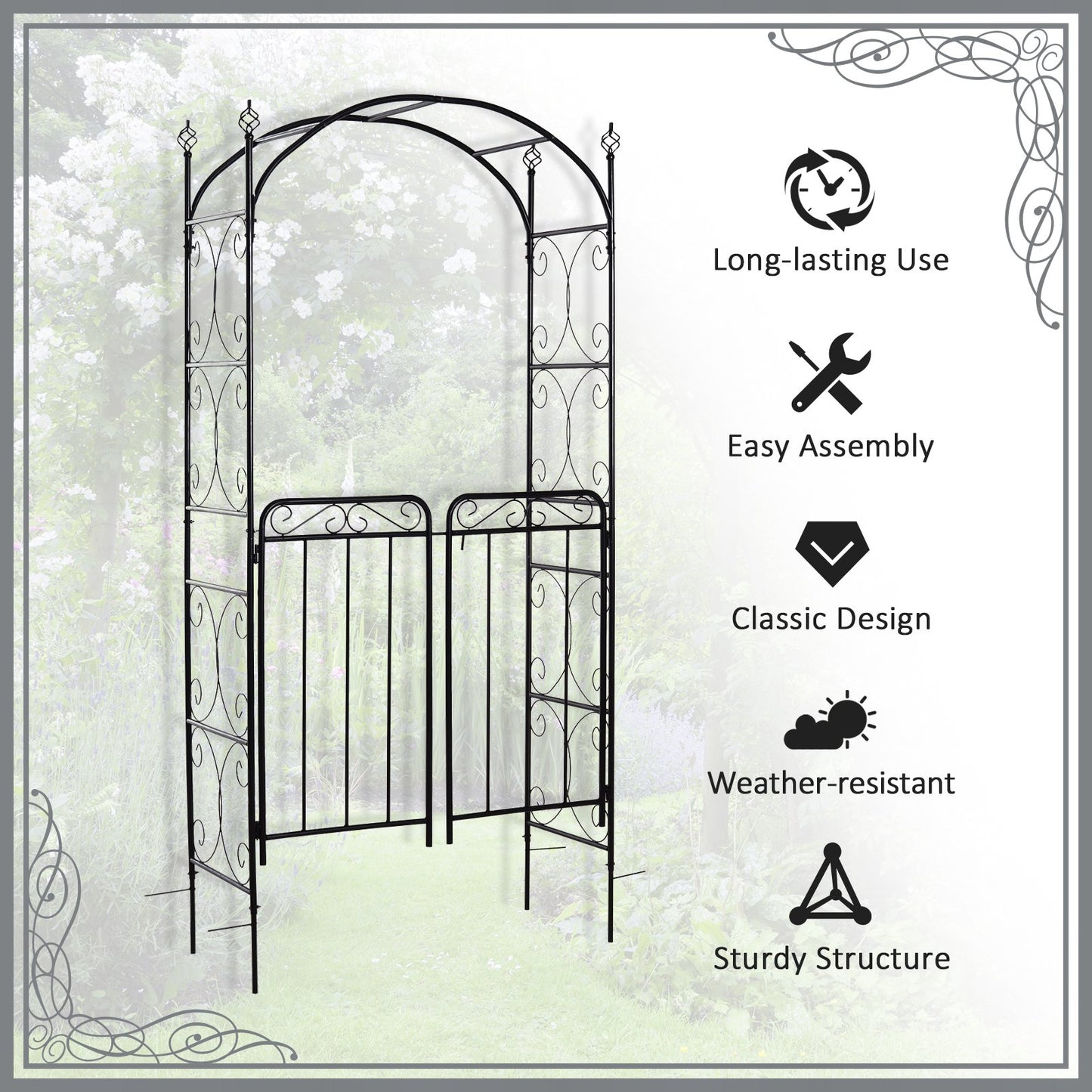 7' Metal Garden Arbor Arch with Scrollwork Doors for Ceremony, Weddings, Party, Backyard, Lawn at Gallery Canada