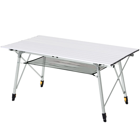 4FT Folding Aluminium Picnic Table Portable Camping BBQ Table Roll Up Top Mesh Layer Rack with Carrying Bag Silver - Gallery Canada