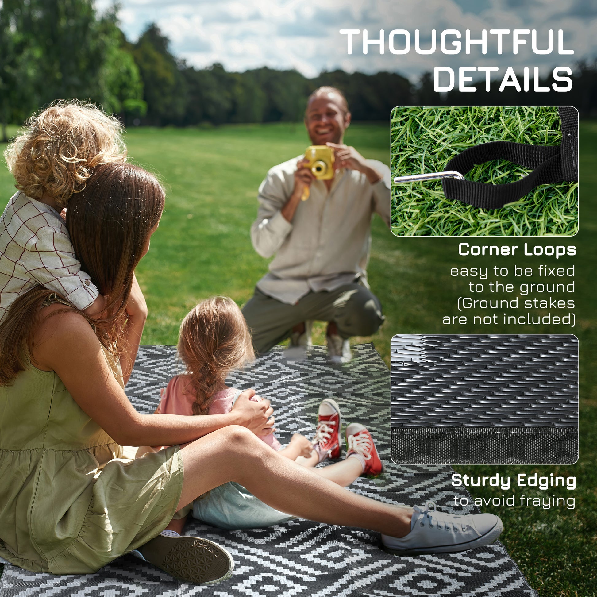 Reversible Outdoor Rug Waterproof Plastic Straw RV Rug with Carry Bag, 8' x 10', Black and Grey Geometric at Gallery Canada