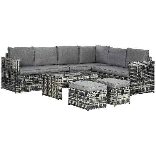 6 Piece Rattan Garden Furniture Set, 8-Seater Outdoor Sofa Sectional with 3 Loveseat Wicker Sofa with Cushions, 2 Footstools and Glass Table for Yard, Poolside, Gray at Gallery Canada