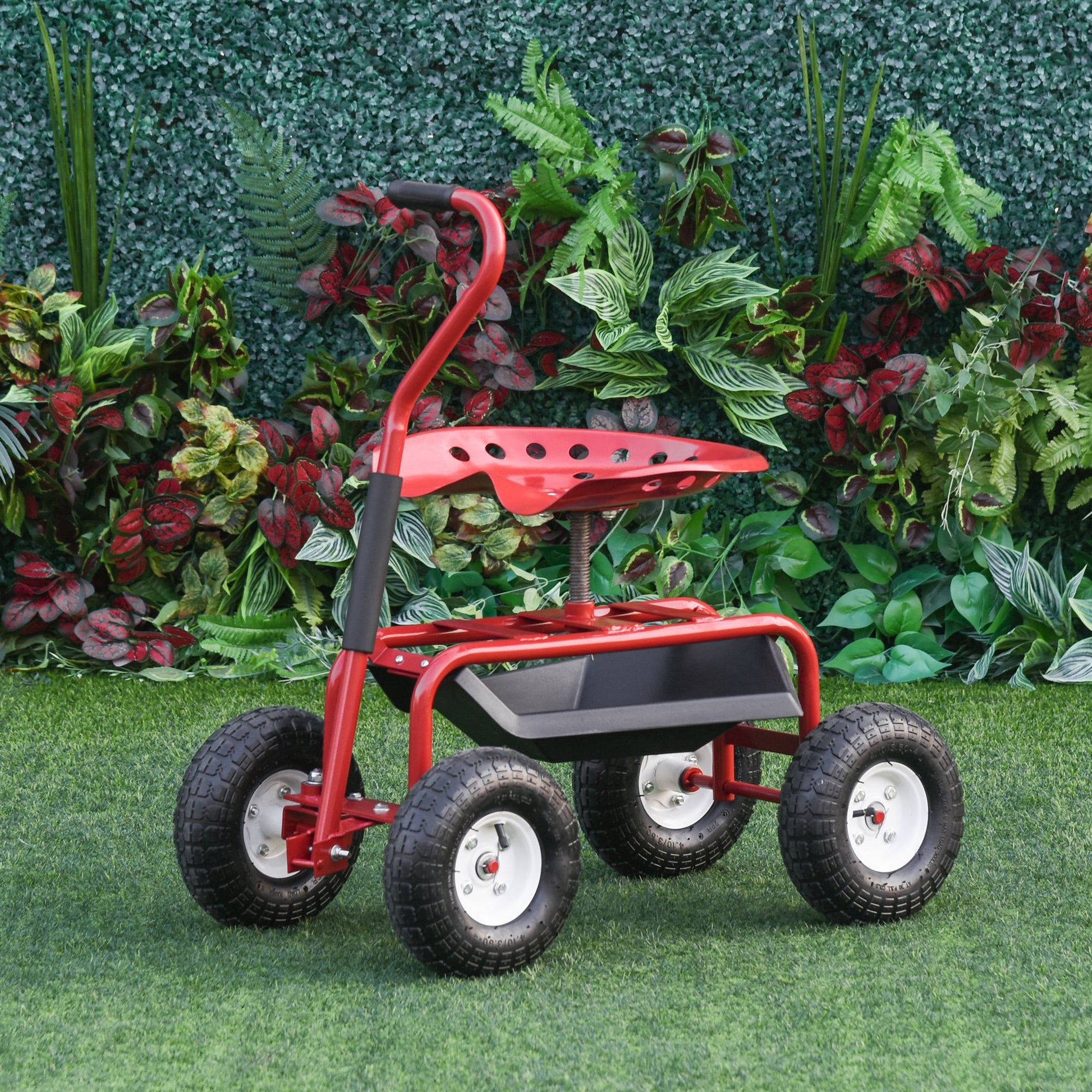 Rolling Garden Cart, Scooter with Swivel and Adjustable Seat, Tool Tray, Bucket Basket, Red and Black at Gallery Canada