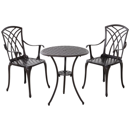 3 Pieces Patio Bistro Set, Cast Aluminum Outdoor Conversation Furniture Set, Coffee Table with Umbrella Hole, 2 Armchairs, Brown - Gallery Canada