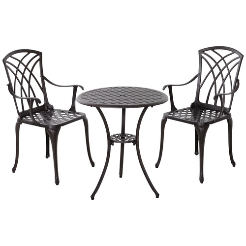 3 Pieces Patio Bistro Set, Cast Aluminum Outdoor Conversation Furniture Set, Coffee Table with Umbrella Hole, 2 Armchairs, Brown