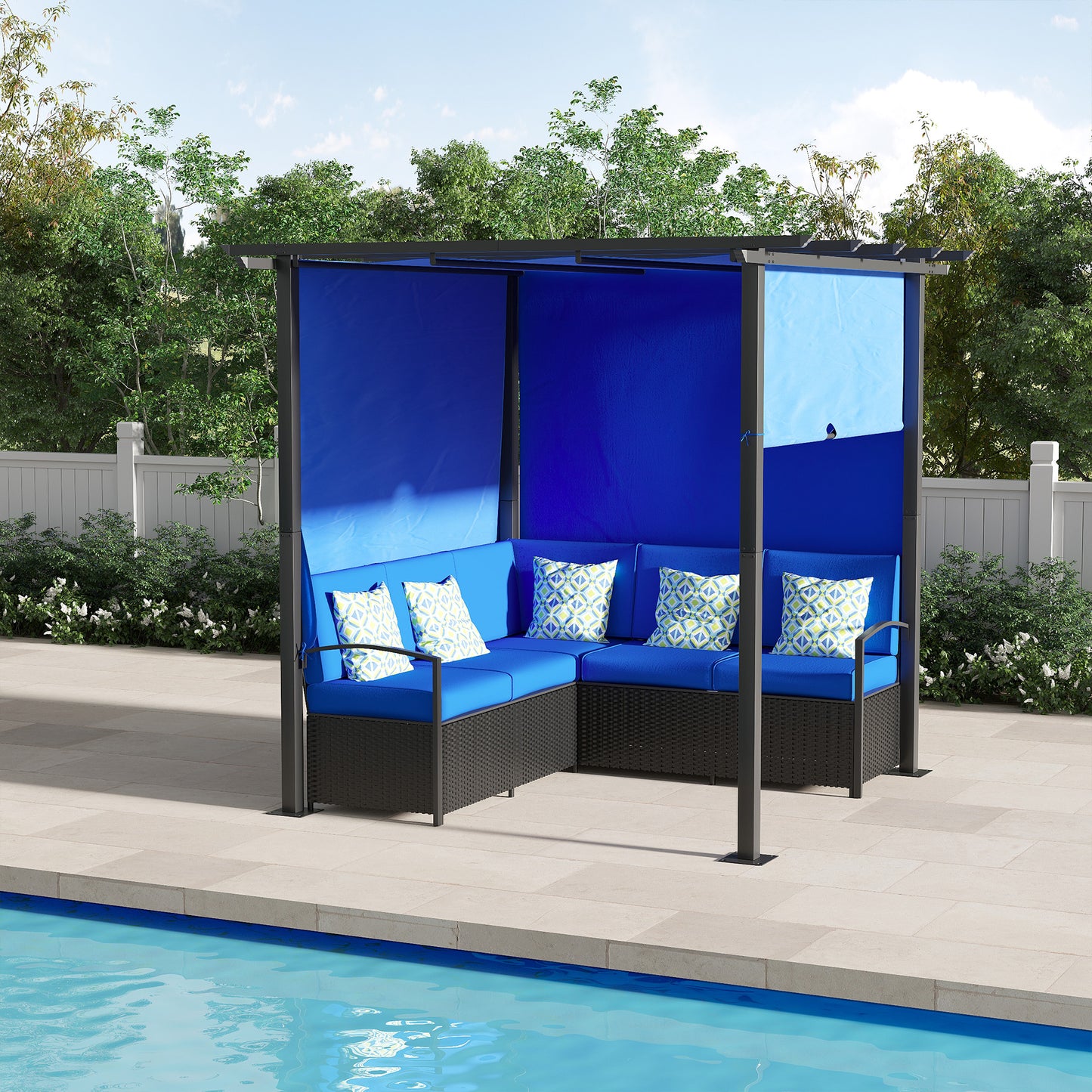 Wicker Patio Furniture, Outdoor PE Rattan Sofa Set with Retractable Canopy Pergola, Shade Shelter for Deck, Pool, Garden, Terrace, Blue at Gallery Canada