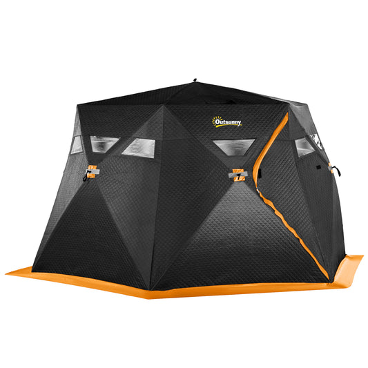4 Person Insulated Ice Fishing Shelter, Pop-Up Portable Ice Fishing Tent with Carry Bag, Two Doors and Anchors for -22℉, Black and Orange - Gallery Canada