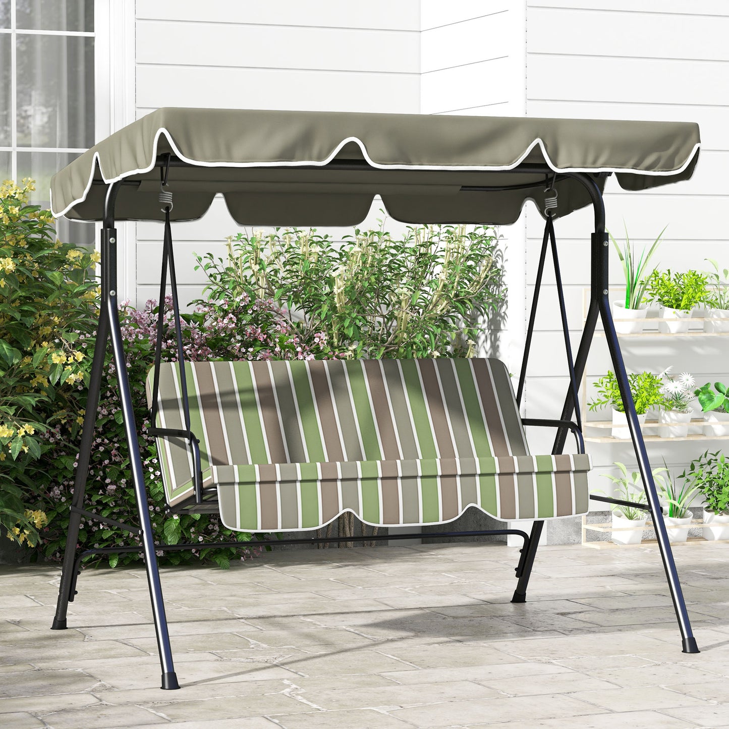 3-Seater Outdoor Porch Swing with Adjustable Canopy, Patio Swing Chair for Garden, Poolside, Backyard, Green and Brown at Gallery Canada