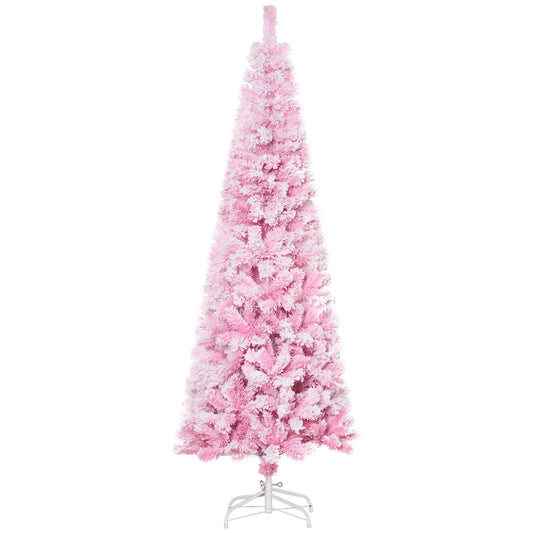 6 FT Snow Flocked Artificial Christmas Tree, Pencil Xmas Tree with Realistic Branches, Auto Open and Steel Base, Pink - Gallery Canada