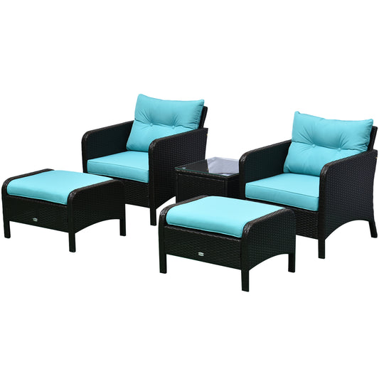 5 Pieces Wicker Patio Furniture Sofa Set Thick Padded Cushions, Outdoor PE Rattan Conversation Coffee Set with Armchairs, Footstools and Glass Top Table, Light Blue at Gallery Canada