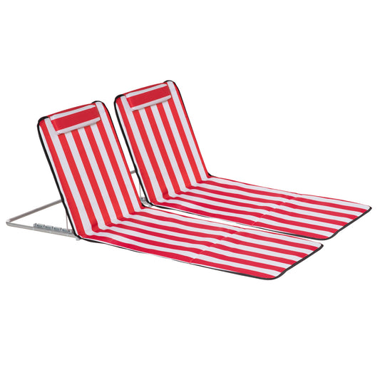 Set of 2 Beach Lounge Chair Sun Lounger, Folding Ground Beach Mat w/ Adjustable Back, Steel Frame, Head Pillow and Carry Bag for Backyard Lakeside, Red and White - Gallery Canada