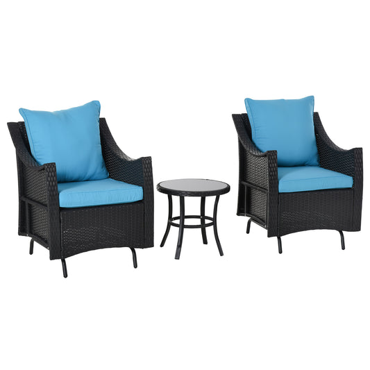 3Pcs Rattan Glider Chairs Set Patio Conversation Furniture w/ Tempered Glass Table and Cushion, Blue at Gallery Canada