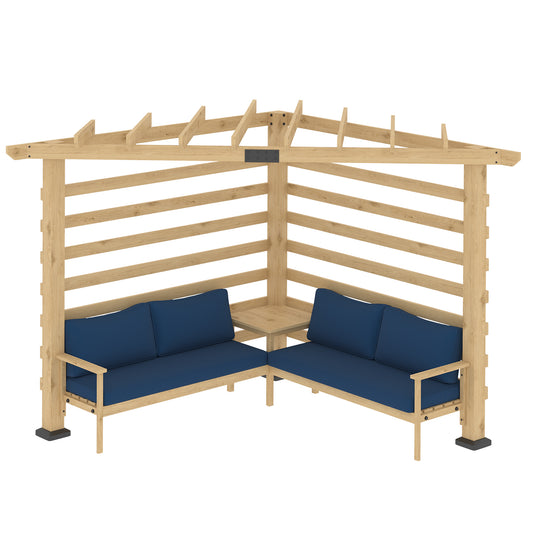 9' x 9' Corner Pergola with Conversation Set and Cushions, Fir Wood Outdoor Pergola with End Table, Natural and Blue - Gallery Canada