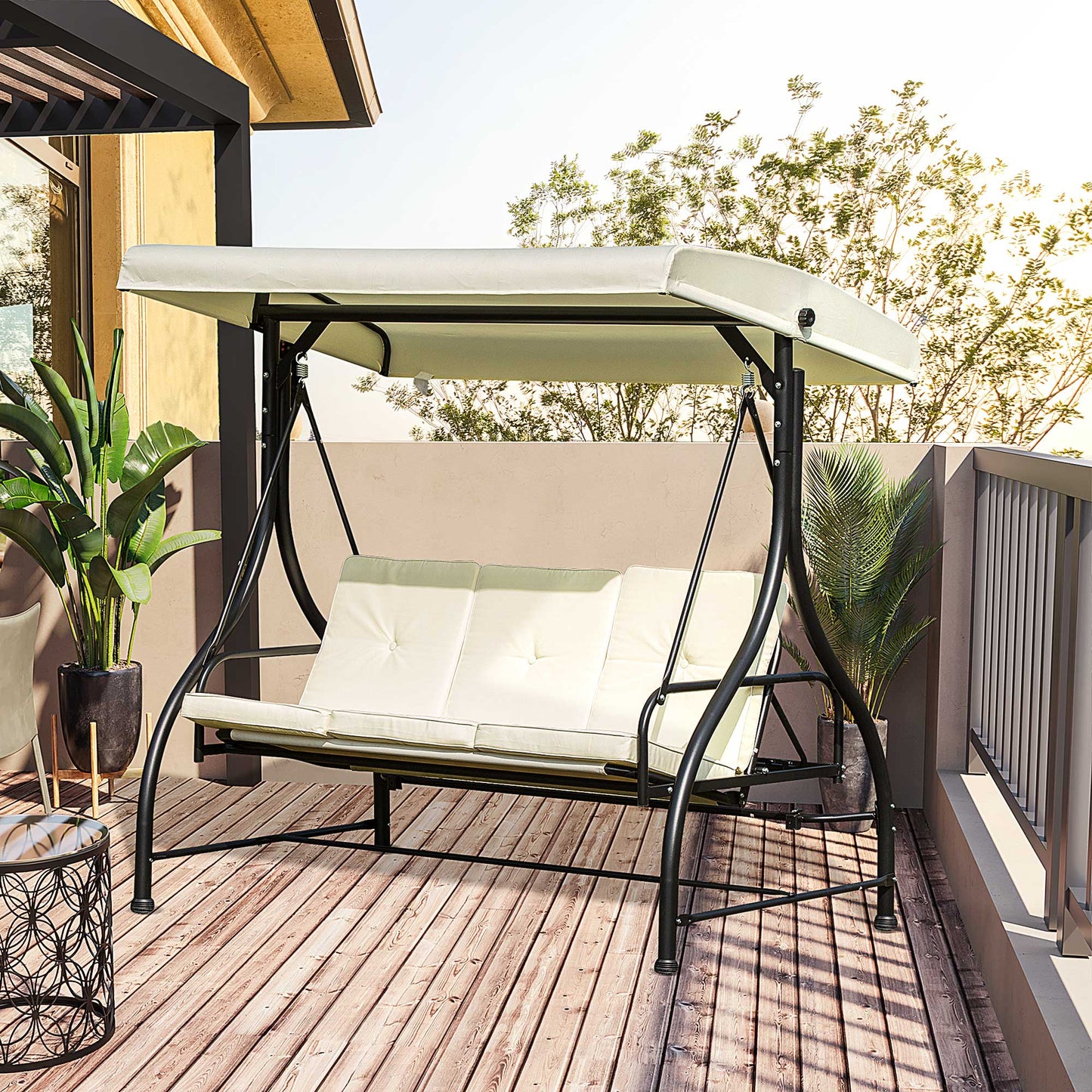 3 Seater Patio Swing Chair Convertible Cushioned Porch Swing Bed Outdoor Swing with Canopy Cream White at Gallery Canada